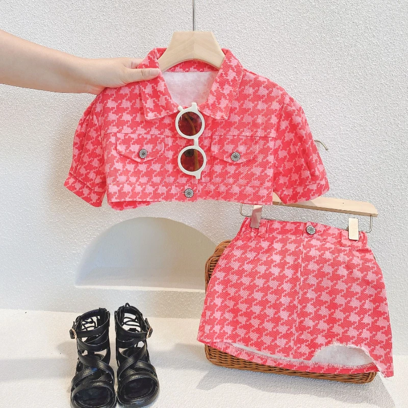 

Children's Clothing Sets Korean Sets for Girls Fashion Plaid Short-Sleeved Top+Skirt Street Style 2pcs Suit Toddler Girl Clothes