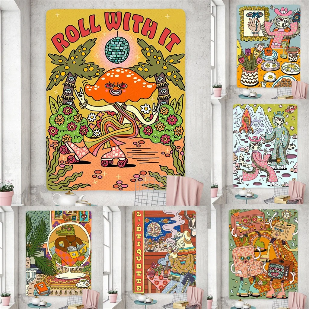 Retro Funny Cartoon Animal Mushroom Bohemian Tapestry Wall Hanging Blanket Custom Vintage Fabric Psychedelic Bedroom Livingroom