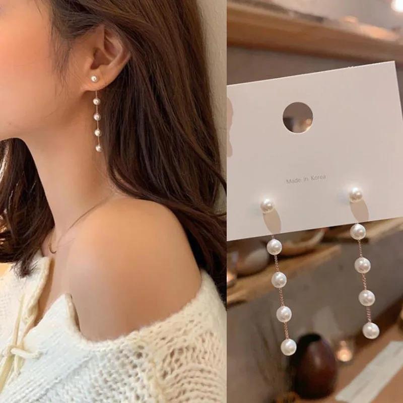 

2021 New Trend Simulated Pearl Women's Long Earrings White Round Pearl Wedding Pendant Earrings Korean Fashion Jewelry Earrings