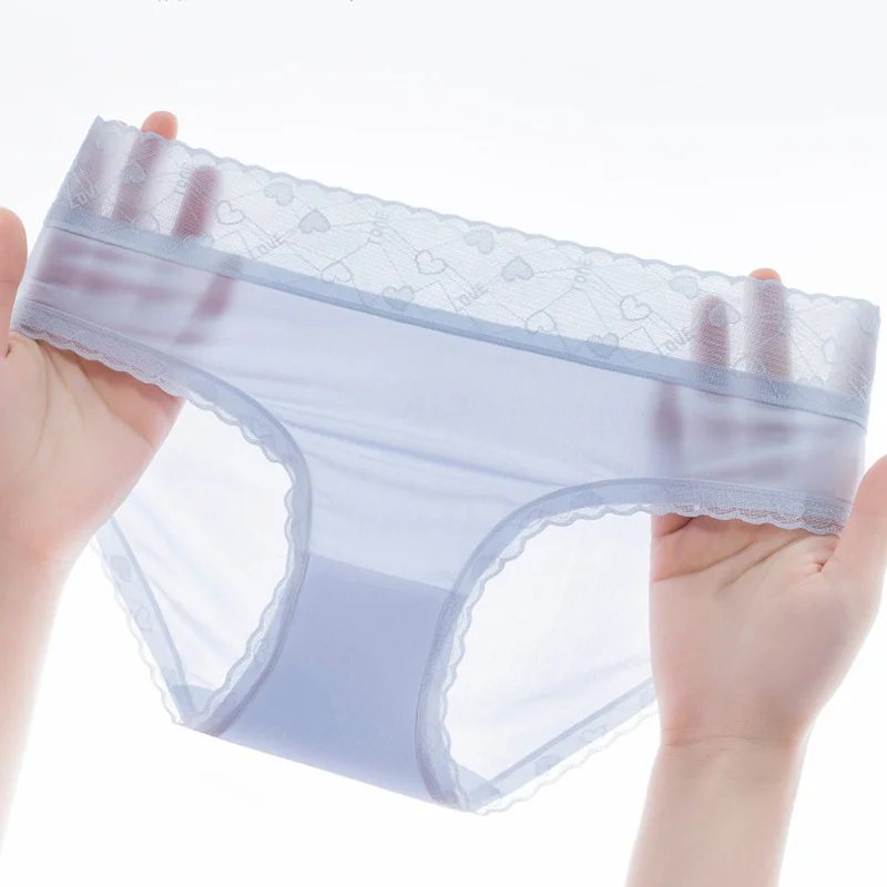 

Женские летние тонкие прозрачные блестящие эластичные кружевные трусики со средней талией из вискозы, хлопковое нижнее белье с промежностью
