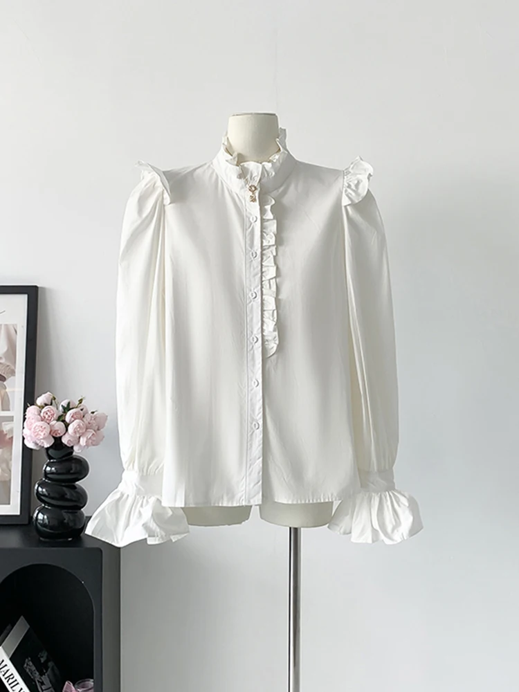 

Women Simple Daily White Blouses Tops Ruffled Puff Sleeve Summer Elegant Office Lady Formal Shirts Single Breasted Streetwear