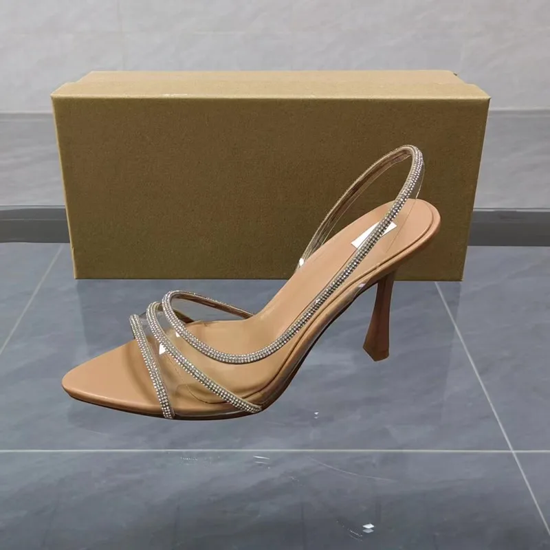 Summer Natural Color Bright Inlay High Heeled Sandals Female Fine with Pointed High Heels Sexy Fashion Rhinestone Party Shoes