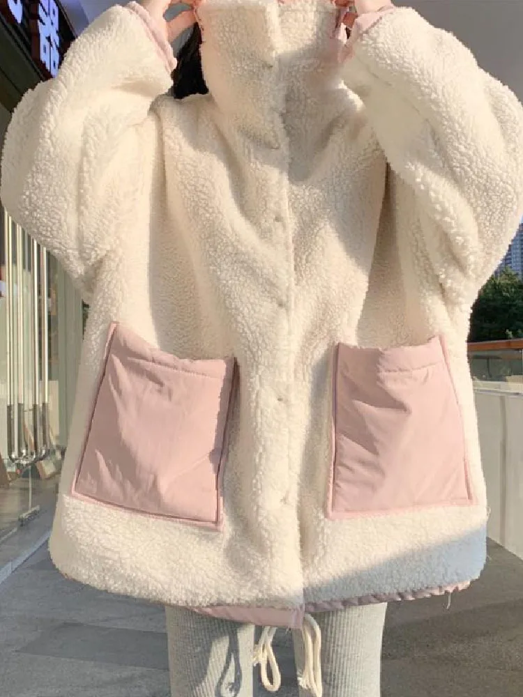 

Wear Both Sides Lolita Style Preppy Style Women Colthes Winter Thicken Plush Pink White Outerwear Single Breasted Women Jacket