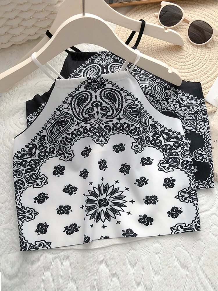 

YuooMuoo Women Cami Tops 2022 New Summer Vintage Cashew Flower Print Short Halter Tank Tops Streetwear Young Lady Shirts