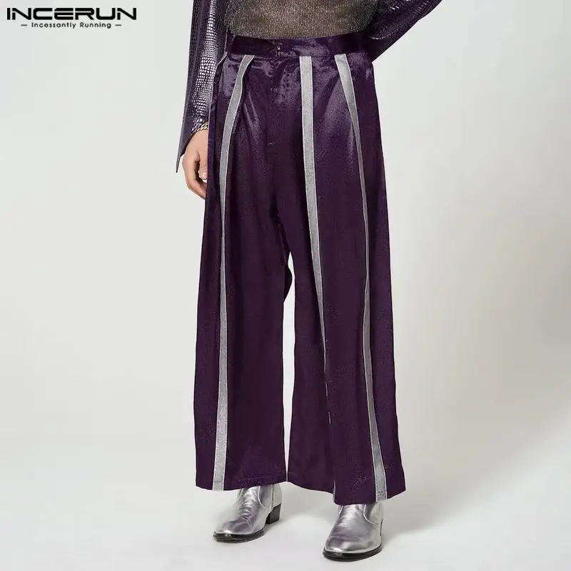 

INCERUN Men Wide Leg Pants Patchwork Button Streetwear Joggers Satin Loose Trousers Men 2023 Fashion Casual Pantalones Hombre