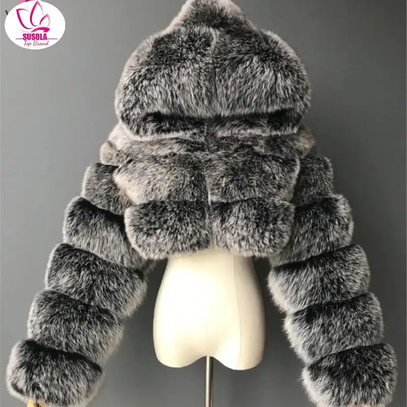 

SUSOLA High Quality Furry Cropped Faux Fur Coats And Jackets Women Fluffy Top Coat With Hooded Winter Fur Jacket Manteau Femme