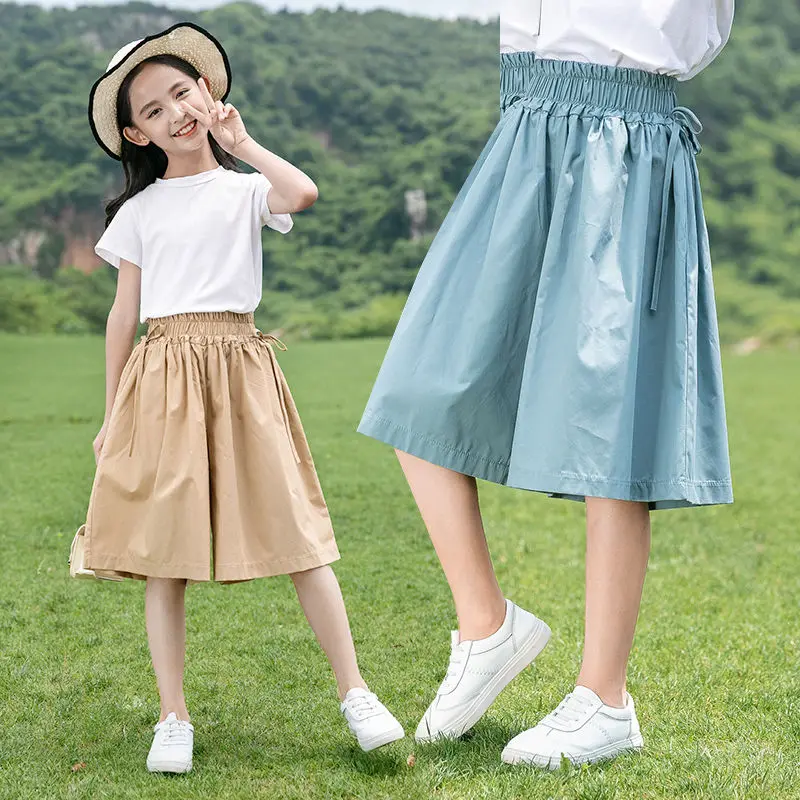 

2022 Summer Girls Fashion Wide Leg Shorts Thin Solid Color Shorts Kids Children Elastic Waist Casual Loose Shorts for Girls T83