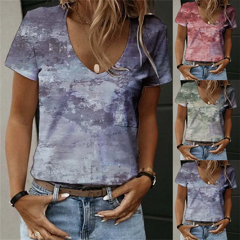 

Women's Clothing Fashion Summer New Loose V-neck Pullover Short Sleeve Print Pocket Woman Top Lady Casual T-shirt