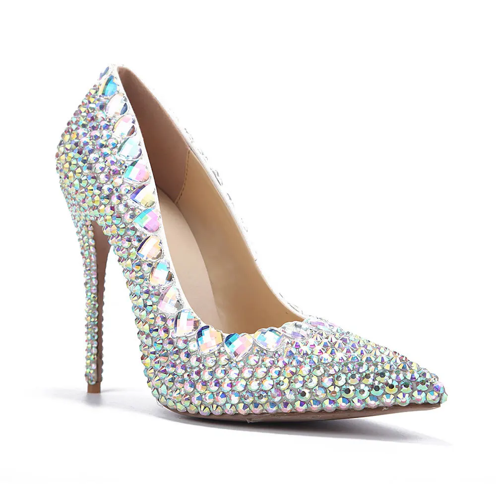 

Fashion Sexy Wedding Women Pumps PU 12CM Thin High Heels Pointed Toe Shallow Slip-On Rhinestone Shoes For Women Silvery