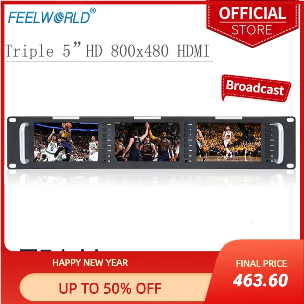 Монитор Feelworld с креплением на стойку вещания, 5 дюймов, 2RU, 800x480, HDMI, av-вход, тройной ЖК-дисплеи