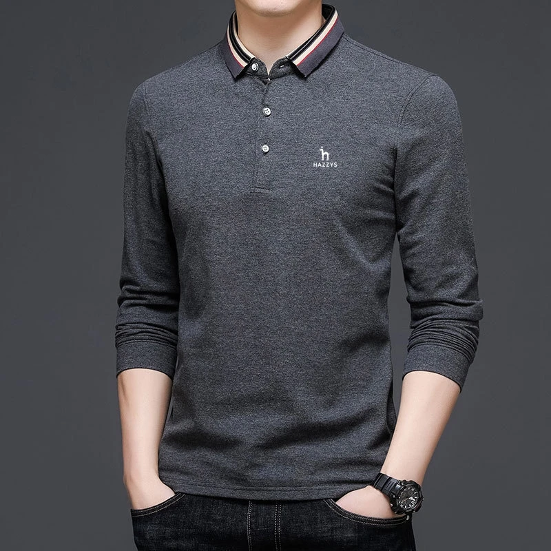 

Hazzys 2023 Summer and Autumn Men's Polo Golf Shirt Turn-down Collar Long Sleeve Loose Button Check Casual Comfort Fashion Tops