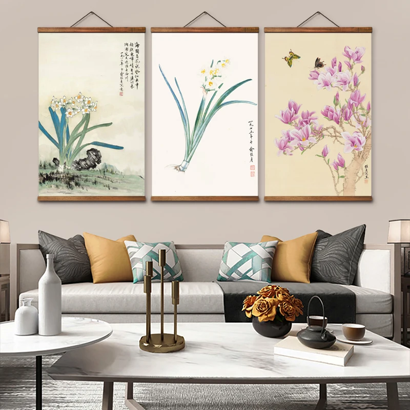 

AS3104 Chinese Style Flower Bird Room Wall Art Canvas Posters Solid Wood Scroll Paintings