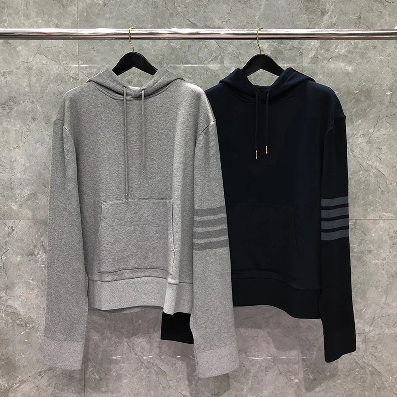 Men's Sweatshirt Autumn Winter Fashion Brand Hoodies Loopback Knitted Ribbed Sleeves Tonal 4-Bar Stripe Pullover TB Coat