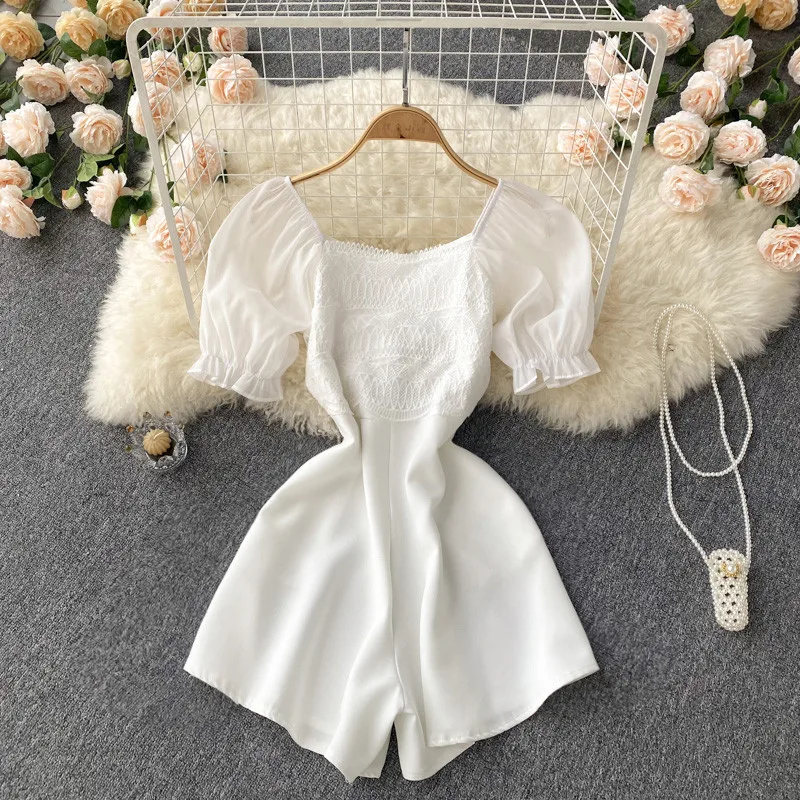 

2022 summer temperament square neck Puff sleeve wide leg shorts women's Jumpsuit ropa mujer verano 2022 novedades