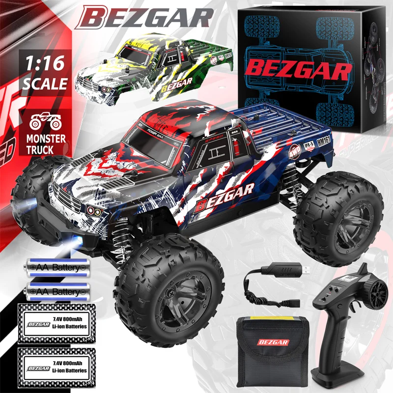 BEZGAR HM161 Hobby RC Car Truck 1:16 All-Terrain 40Km/h Off-Road 4WD Remote Control Monster Crawler with Battery for Kids Adults