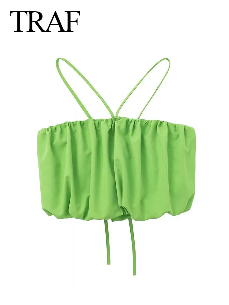 

TRAF Halter Vest Tie Sleeveless Open Back Tube Top Draped Solid Color Green Side Zip Sexy Short Tank Top Fashion Summer Wear