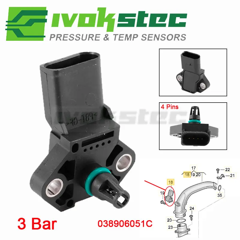 

100% тестовый датчик карты давления впускного воздуха для Audi VW Seat Skoda 0281002401 038906051 C 0 281 002 401 038 906 051 C