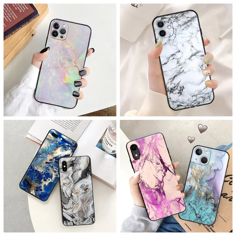 

Black Matte Anti-Drop Phone Case For iPhone 14 12 13 Pro Max 11 Mini 7 8 6s Plus XS X XR SE Plating Splice Gradient Marble Cover