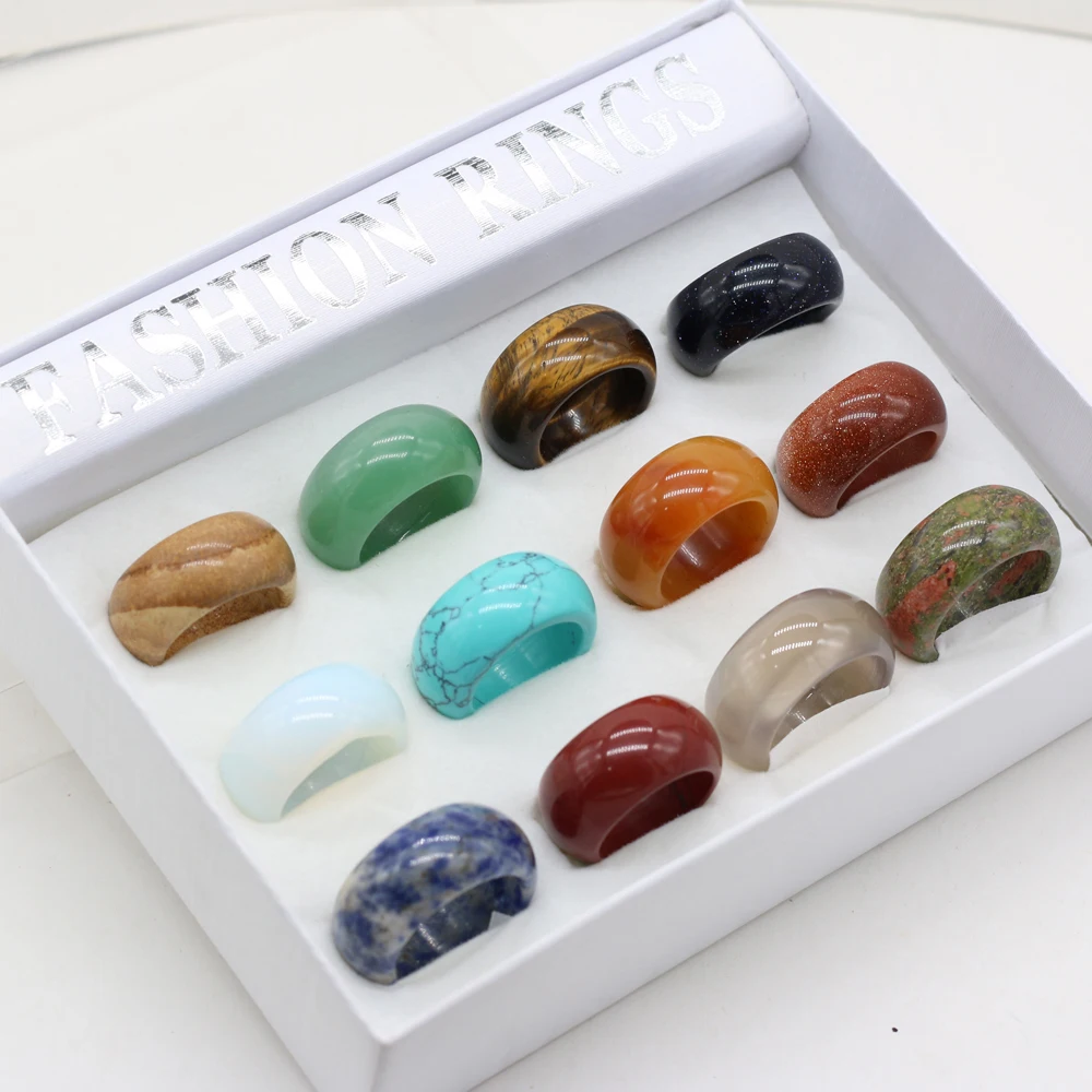 

12PCS Natural Semi-precious Stone Mix-color Rings for Making Jewelry Gift for Women Inner Diameter 18mm 20mm