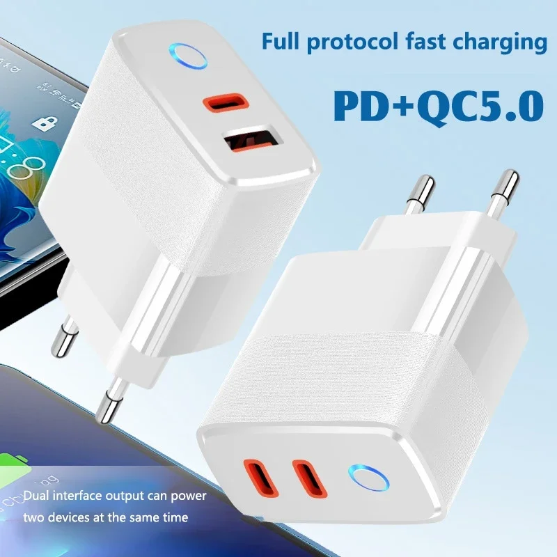 Фото Супербыстрое зарядное устройство PD+QC5.0 с индикатором зарядки для мобильных телефонов, двухпортовое, полностью совместимое. №1