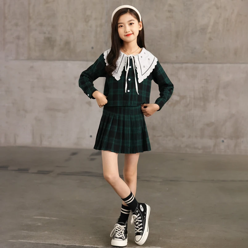 

Новинка 2023, детская одежда, наряд, однобортный Кардиган с длинным рукавом и воротником «Питер Пэн» + плиссированная клетчатая юбка, детская одежда