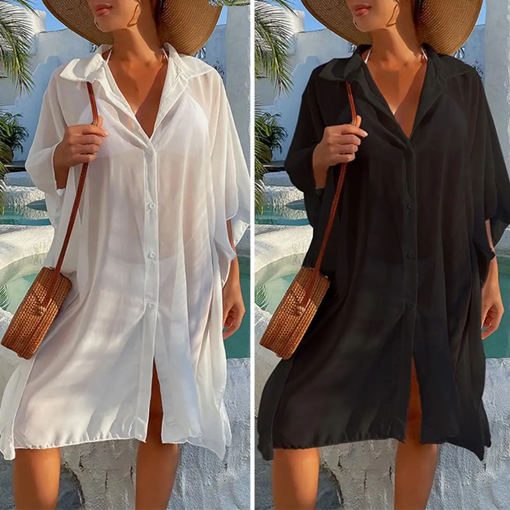 

Woman Swimwear Beach Cover up Beachwear Mini Dress Solid Color Turn-down Collar Single-breasted Sunscreen Bikini Dress Beachwear