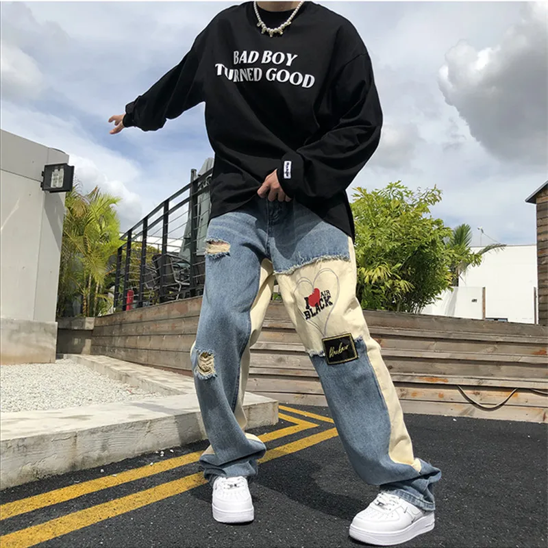 Heart-shaped Trousers for Men Blue Jeans Ripped Casual Pants Denim Streetwear Trendyol Y2k Women's Baggy Embroidered Print Man