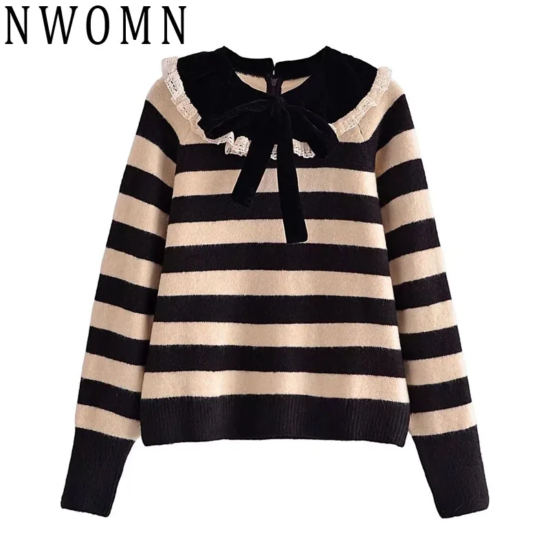 

NWOMN Stripe Sweater Women 2022 Velvet Bow Knitted Woman Sweater Lace Peter Pan Collar Winter Vintage Casual Jersey Pullover