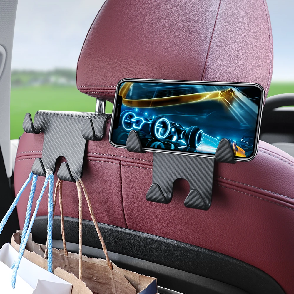 

Car Seat Headrest Hook Carbon Fiber Mobile Phone Holder Car Vehicle Universal Holder Handbag Purse Coat Car Interior Accessories