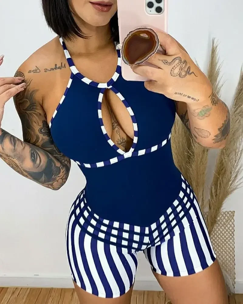 

Paper Cut Stripe Print Backless Sleeveless Skinny Jumpsuit Sporty Woman Summer