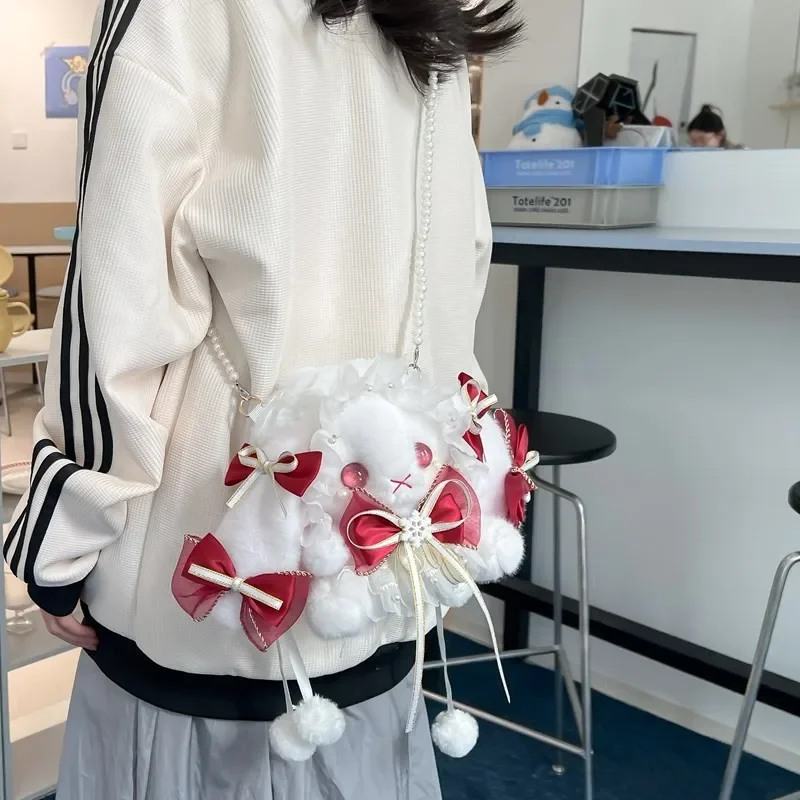 Плюшевая сумка на плечо в виде кролика для девочек модная декоративная кружевная