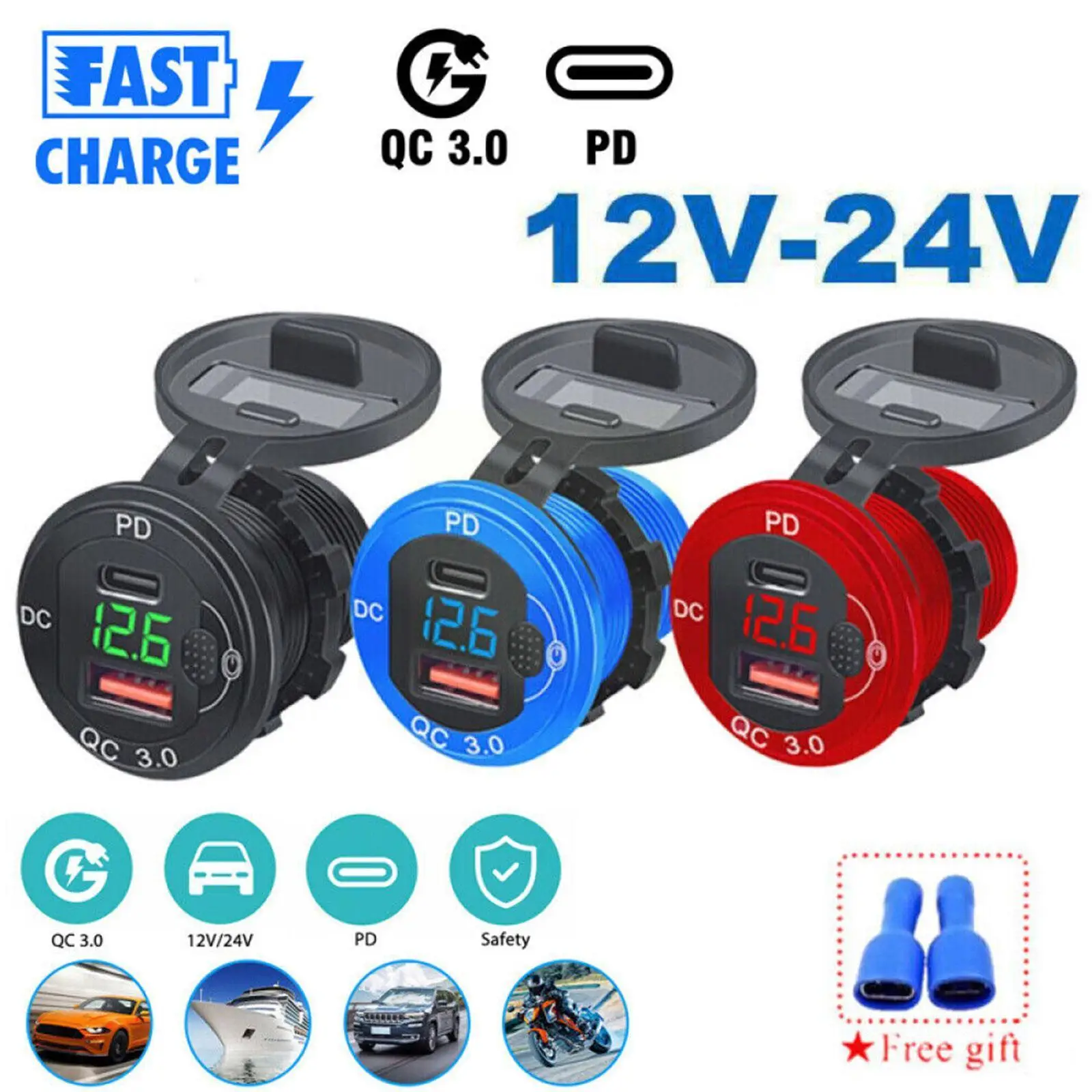 

Автомобильное зарядное устройство из алюминиевого сплава с адаптером, 12 В/24 В