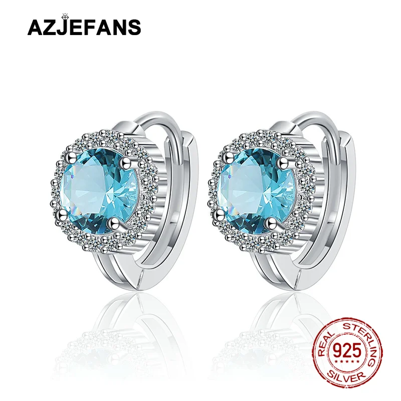 Фото Серьги AZJEFANS из стерлингового серебра S925 с синим цирконом, круглой формы, изысканные ювелирные изделия №1