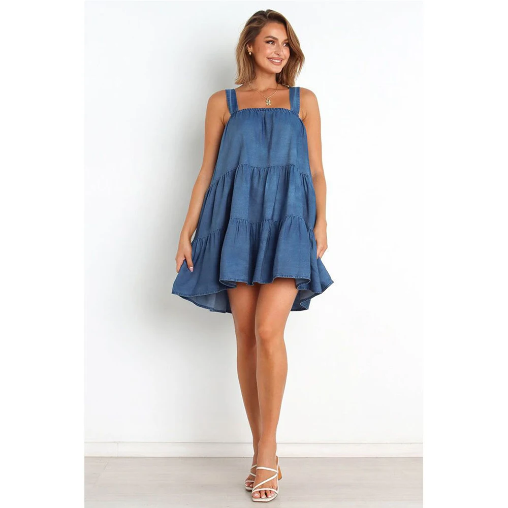 Женское джинсовое платье на бретельках свободное винтажное мини-платье из