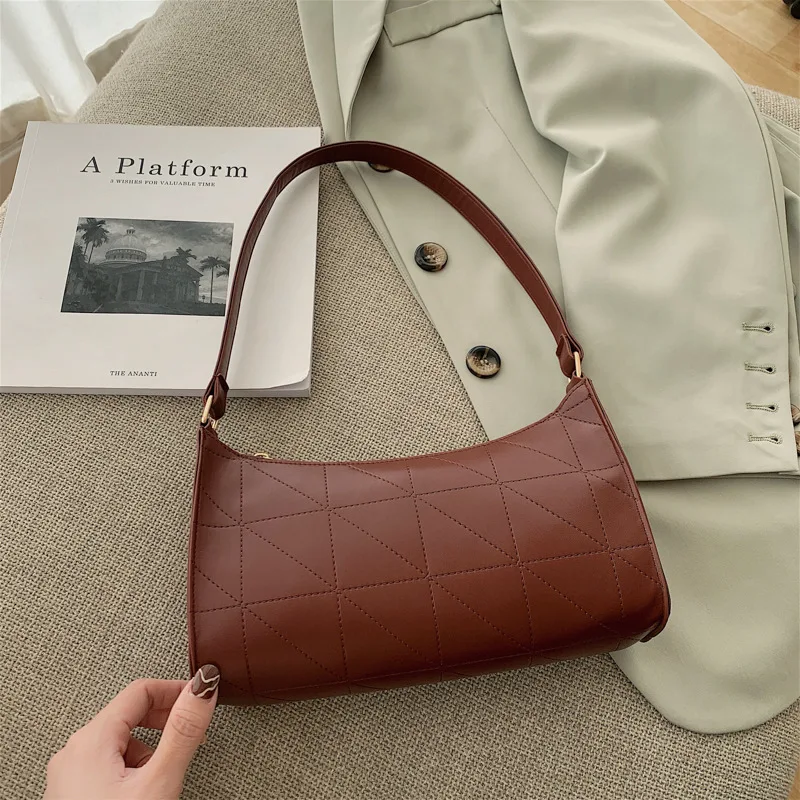 

Women Shoulder Bag Zipper PU Leather Lattice Crescent Handbag Embroidery Thread Underarm Bag Female Solid Color Shopping Bags