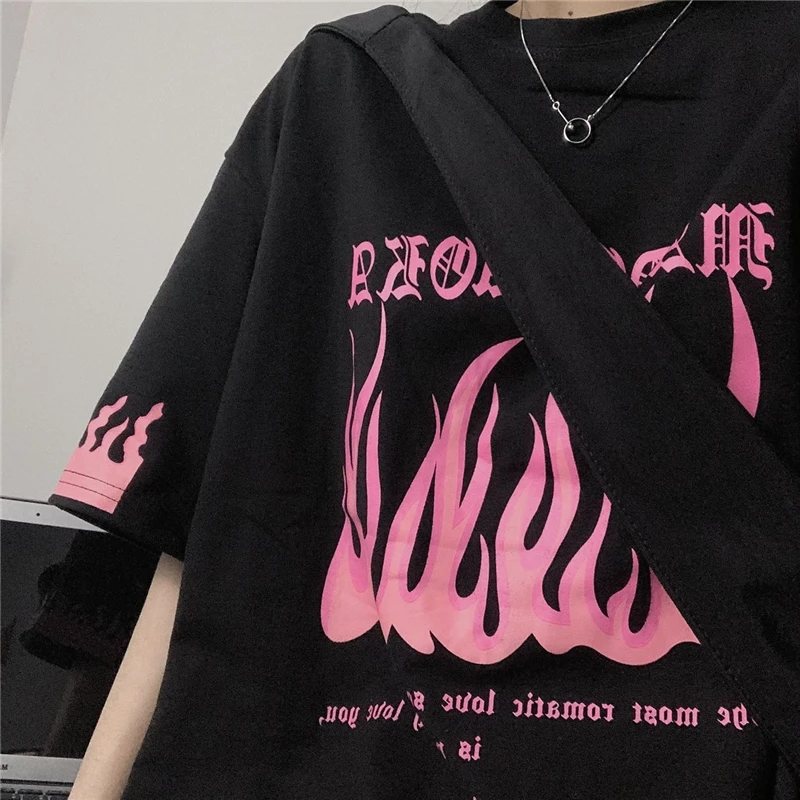 

Футболка женская/мужская с принтом пламени и надписью, уличная одежда в стиле хип-хоп, винтажный топ свободного кроя с круглым вырезом и кор...