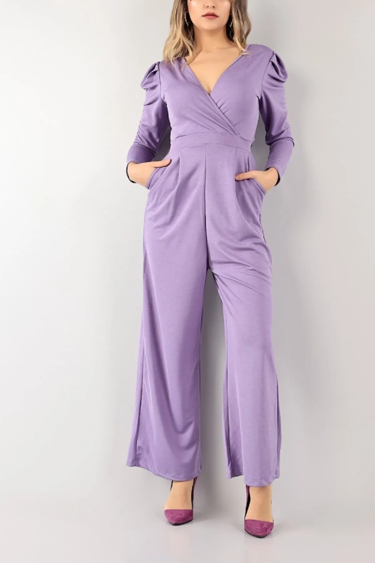 

Women's Overalls Lilac Wide Leg Tied Double Breasted Collar Pocket Detail Jumpsuit Q Hot Casual Fashion Jumpsuit
