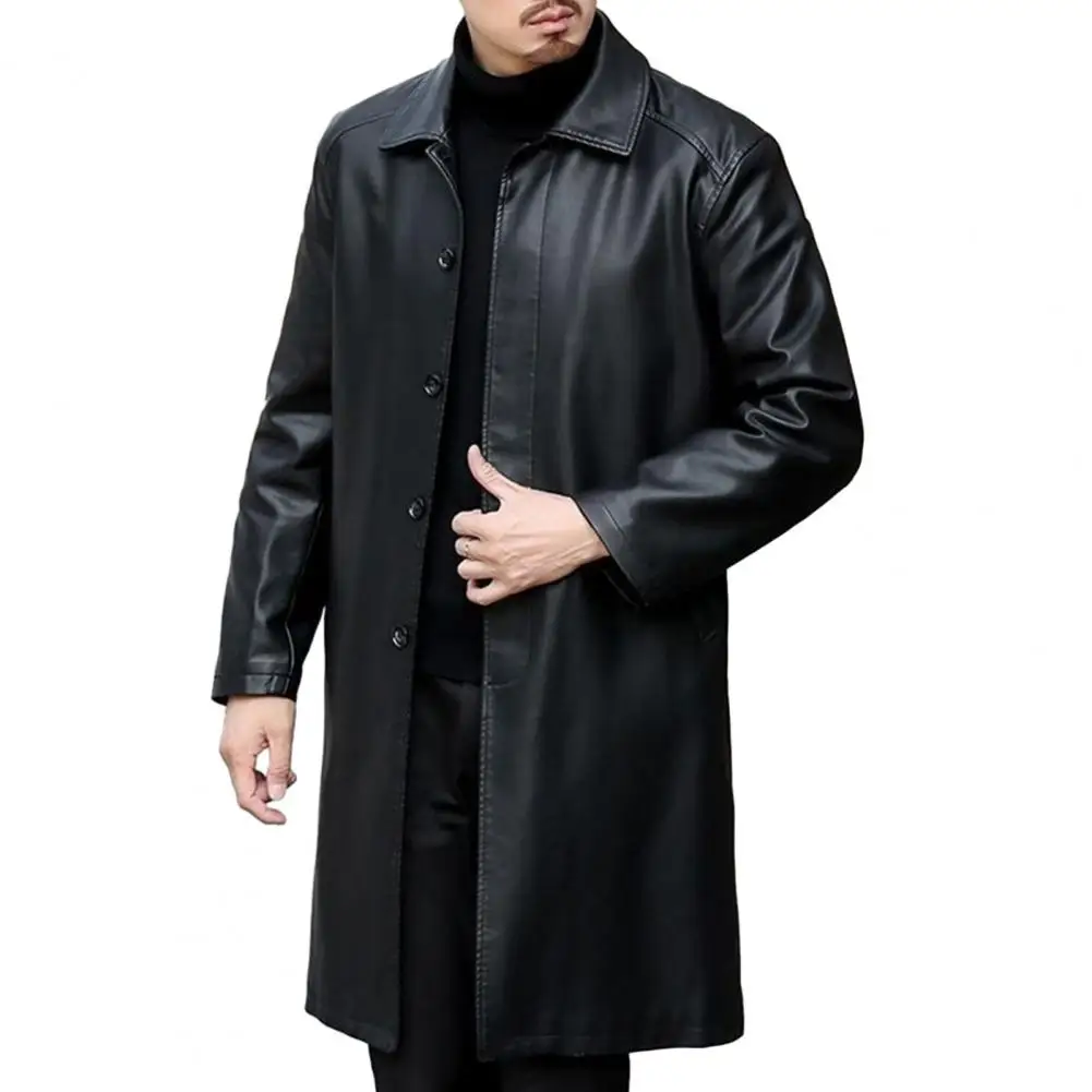 

Men Windbreaker Jacket Stylish Men's Fleece-lined Leather Windbreaker Lapel Long Sleeve Pockets Ideal Streetwear for Autumn