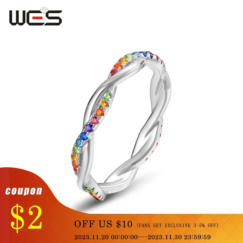 

WES 925 Sterling Silver Rainbow Rings for Women Crystal Colorful Zicron 1.1*1.1mm Wedding Party Jewelry Christmas Party Gifts