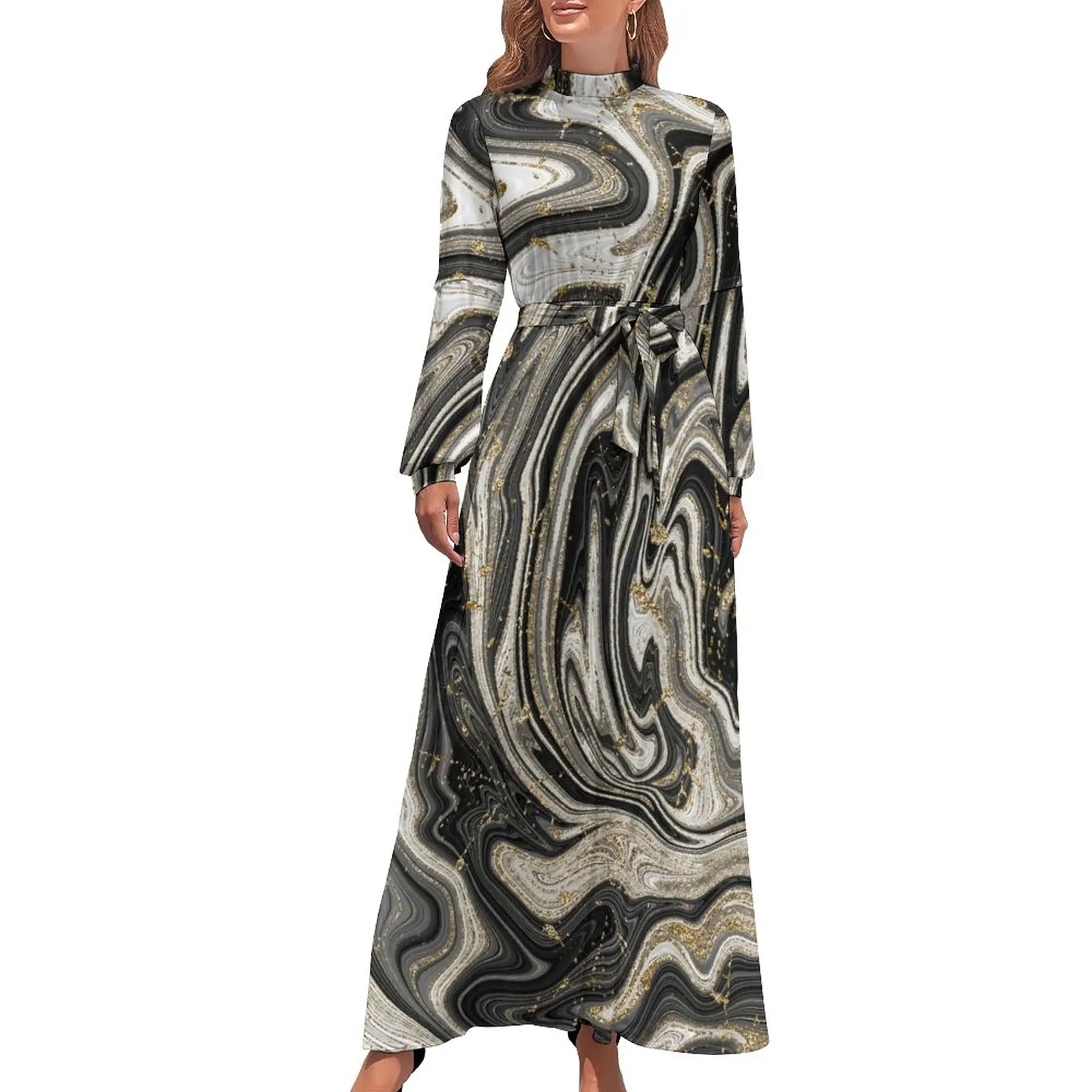 

Black White Marble Dress Long Sleeve Swirl Modern Print Party Maxi Dress High Waist Street Style Graphic Bohemia Long Dresses
