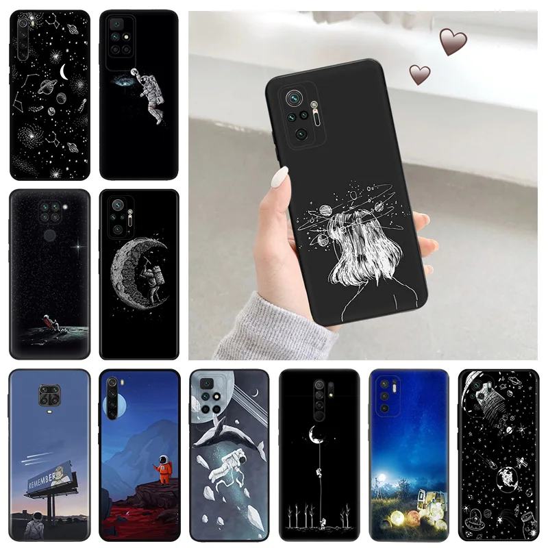 

Black Anti-Drop Phone Case For Xiaomi Redmi Note 9T 8T 9C 9A 9i 8 8A 7A 9S 9 Pro 7 K40 S 6 6A Universe Astronaut Moon Art Cover