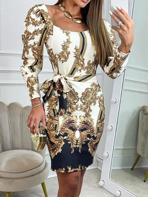 

Fashionable Women's Dresses Autumn 2023 New Baroque Print Round Neck Bodycon Dress Ladies Office Waist Tie Long Sleeve Dress