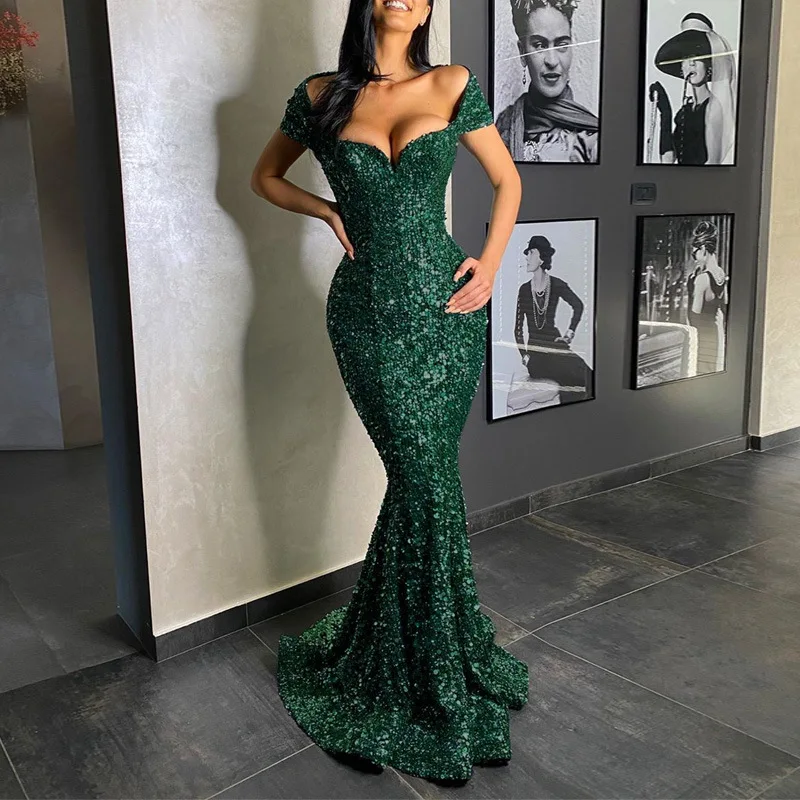 Sexy Prom Dresses for Women V-Neck Raglan Sleeve Dress Solid Sequins Slim Long Skirt Off The Shoulder Woman Party Maxi Dress