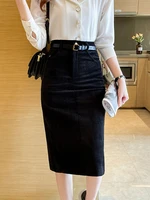 black vintage skirt women with belt autum winter 2022 trendy high waist corduroy slit straight skirt knee length elegant bottoms