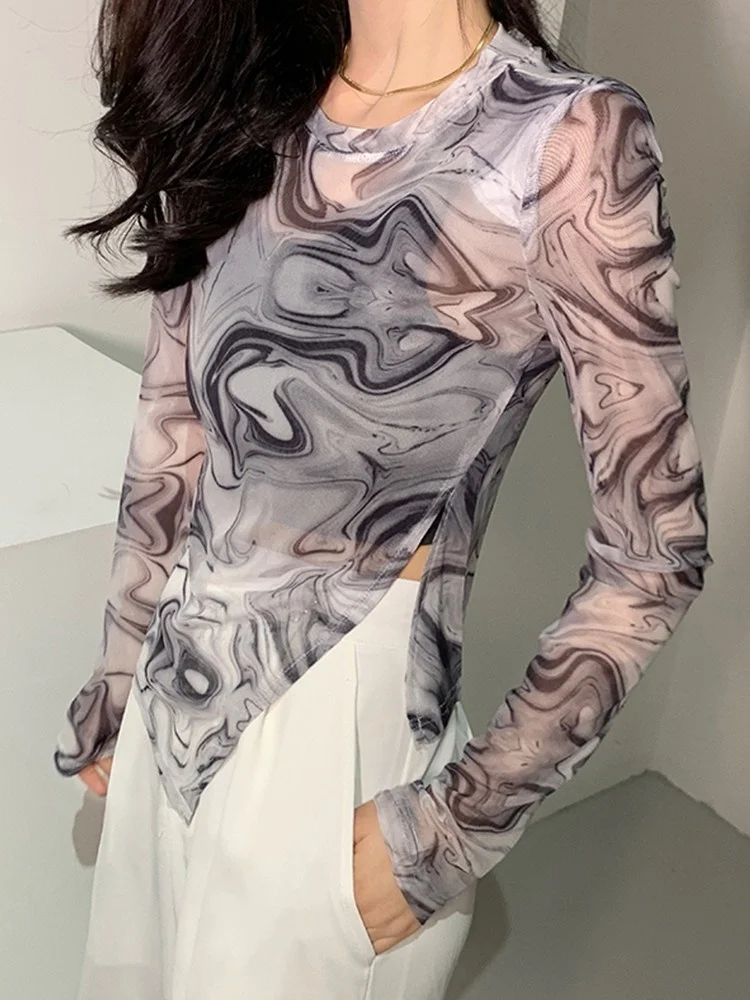 

Korean Style See Through Mesh Tops Women Translucent Tie Dye Irregular Long Sleeve T Shirt Sexy Slim Sheer Top Tee Y452
