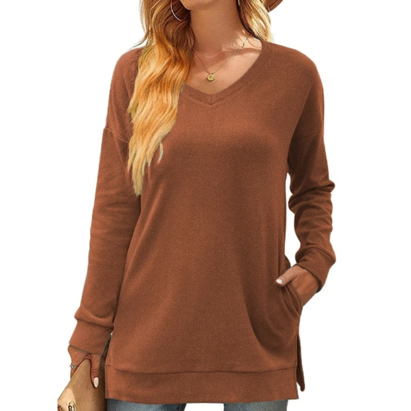 

Fall V-Neck Casual Loose Shirt Women Long Sleeve Side Slit Tunic Top with Pocket