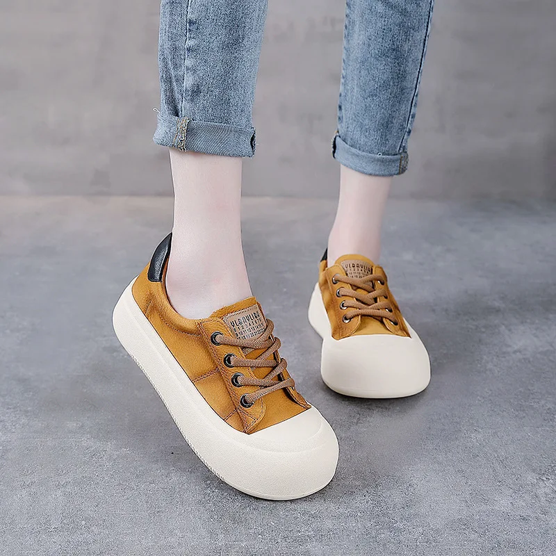 Autuspin 2023 Solid Color Cow Leather Women Sneakers Casual Flat Platform Ladies Four Season Lace-Up Shoes Outdoor Size 35-40