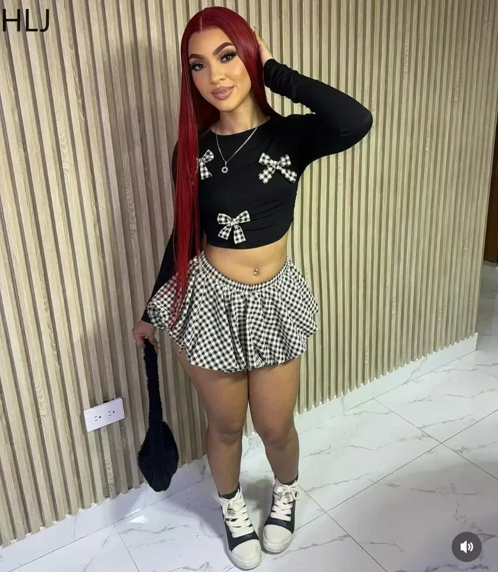 HLJ Весенние новые милые клетчатые пышные мини-юбки с бантом комплекты из двух