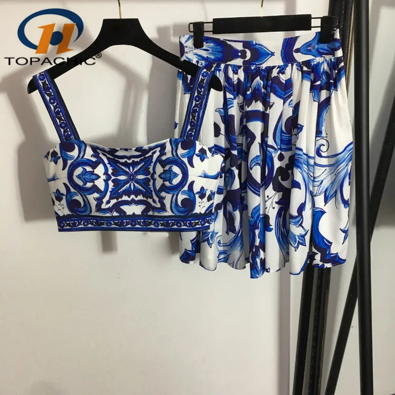 

8.29 High End Blue And White Porcelain Print Spaghetti Strap Tank Top + High Waist Pleated Skirt Beach Holiday Set Women