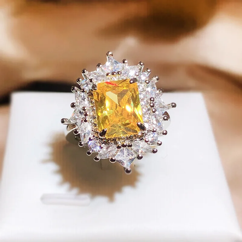 

Sparkling Yellow Diamonds Full Of Zircon Rings For Women 925 Silver Wedding Dinner Bridal Hand Ornaments Gift